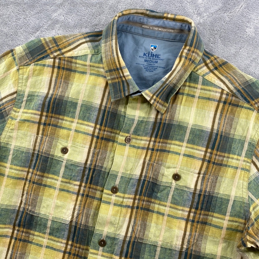 Kuhl Shirt Mens Medium Linen Blend Tapered Fit Plaid Short‎ Sleeve Button Up
